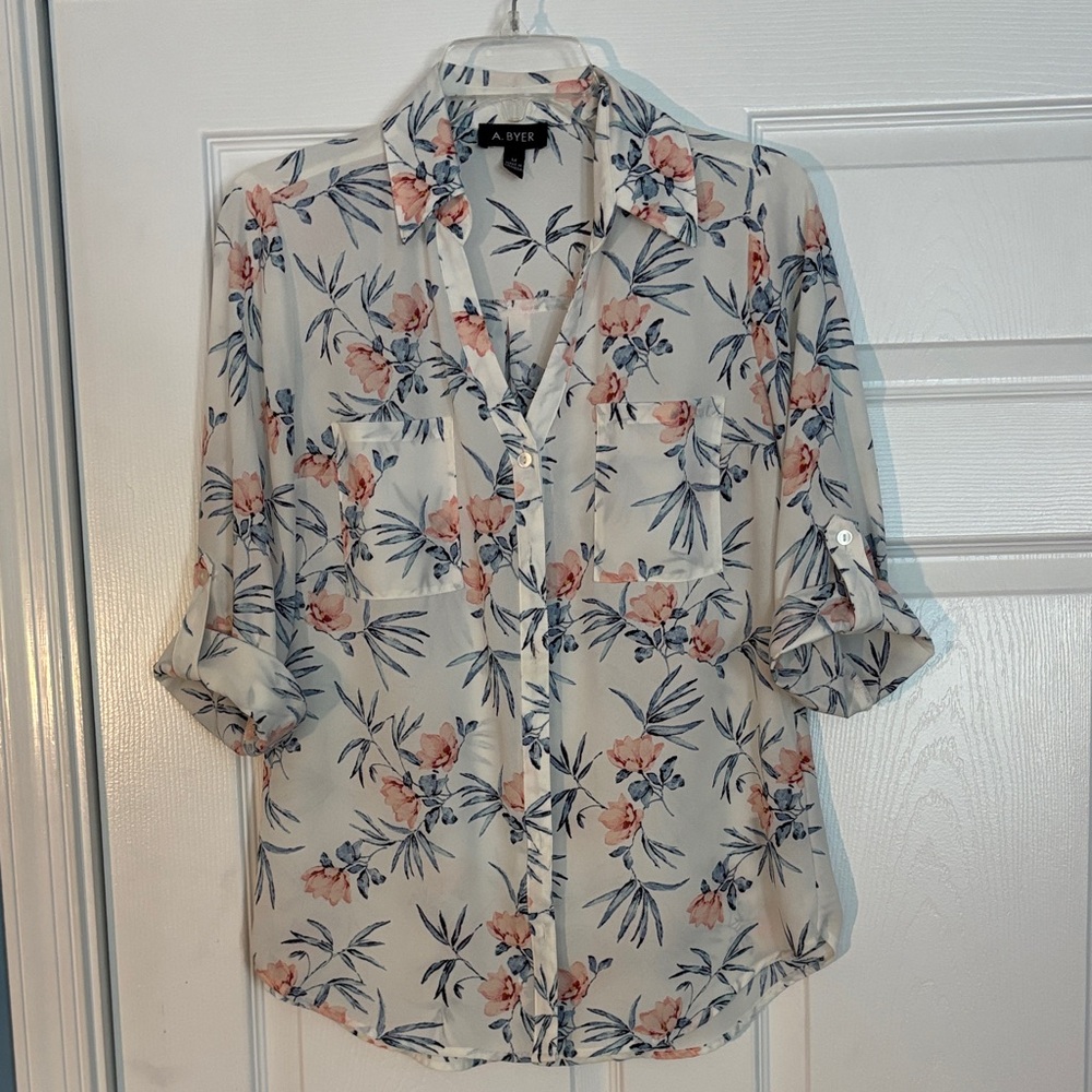 A. Byer Floral Blouse - Cream, Pink, and Blue